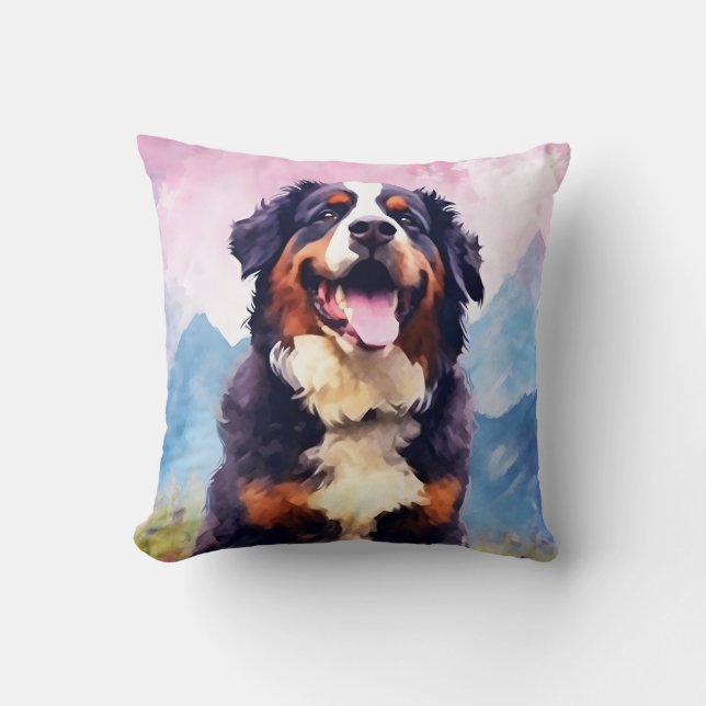 Bernese Mountain dog colourful watercolor artwork Cushion (Front)
