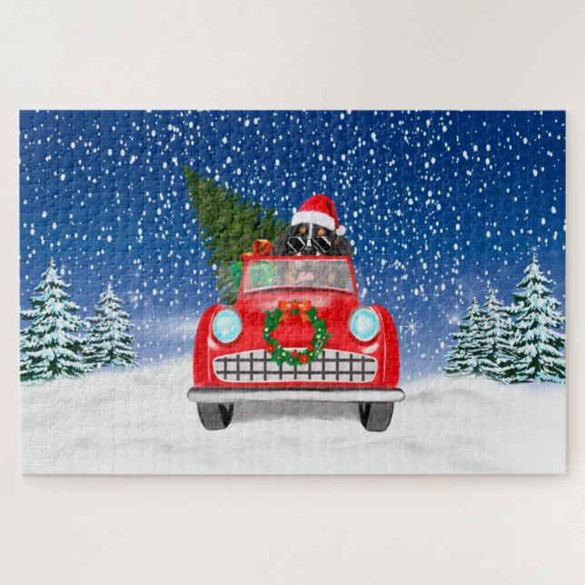 Bernese Mountain Dog Driving Car In Snow Christmas Jigsaw Puzzle (Horizontal)