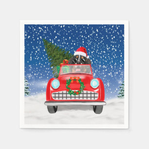 Bernese Mountain Dog Driving Car In Snow Christmas Napkin