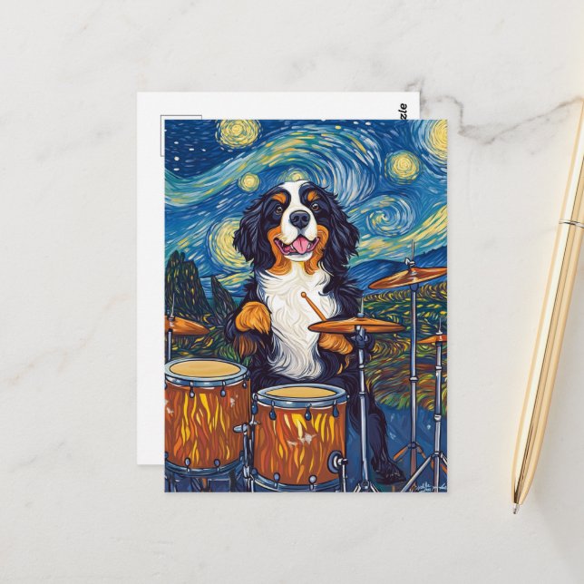 Bernese Mountain Dog Drummer Postcard (Front/Back In Situ)