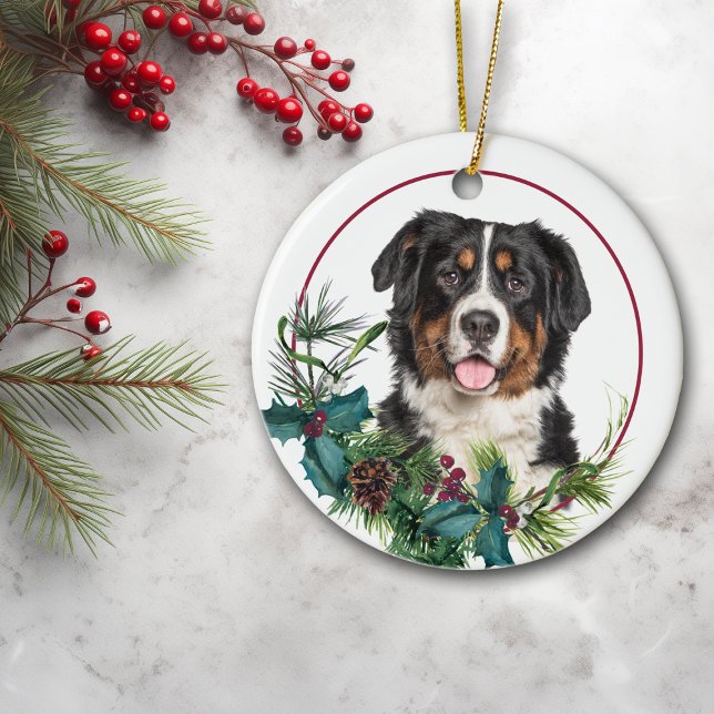 Bernese Mountain Dog Evergreen Berry Wreath Ceramic Tree Decoration (Creator Uploaded)