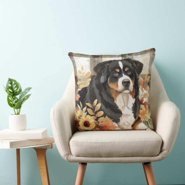 Bernese Mountain Dog Fall Watercolor Flowers Cushion (Chair)