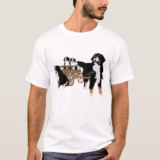 Bernese Mountain Dog Family with Wooden Wagon T-Shirt