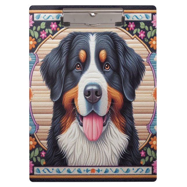 Bernese Mountain Dog Floral Colourful Border Clipboard (Front)