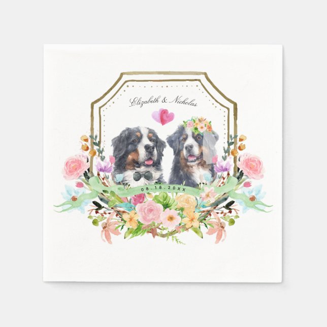 Bernese Mountain Dog | Gold Floral Crest Wedding Napkin (Front)
