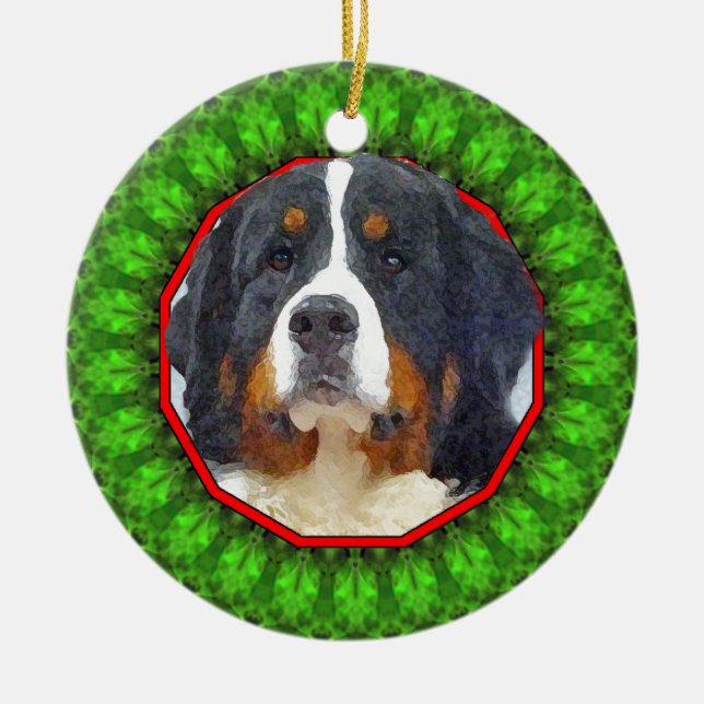 Bernese Mountain Dog Happy Howliday Ceramic Tree Decoration (Front)