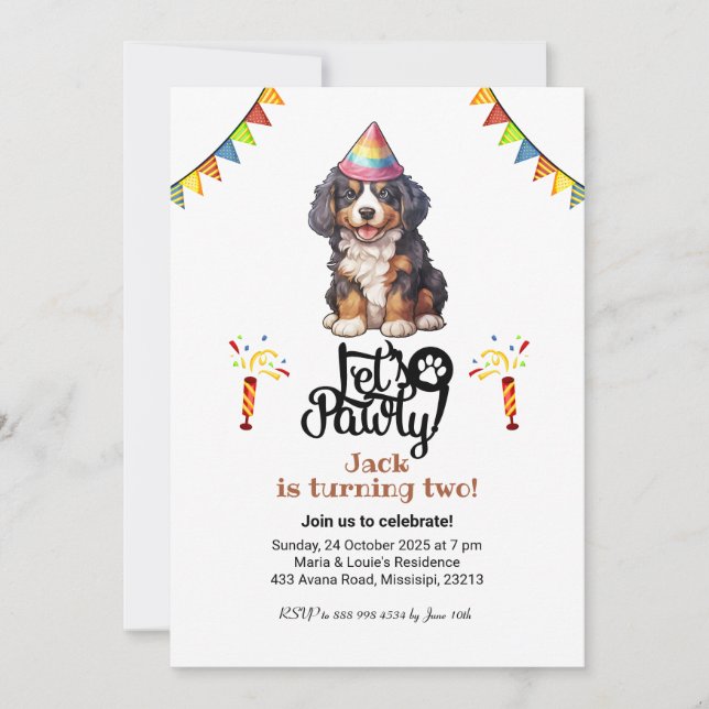 Bernese Mountain Dog Hat Let's Pawty Birthday Invitation (Front)