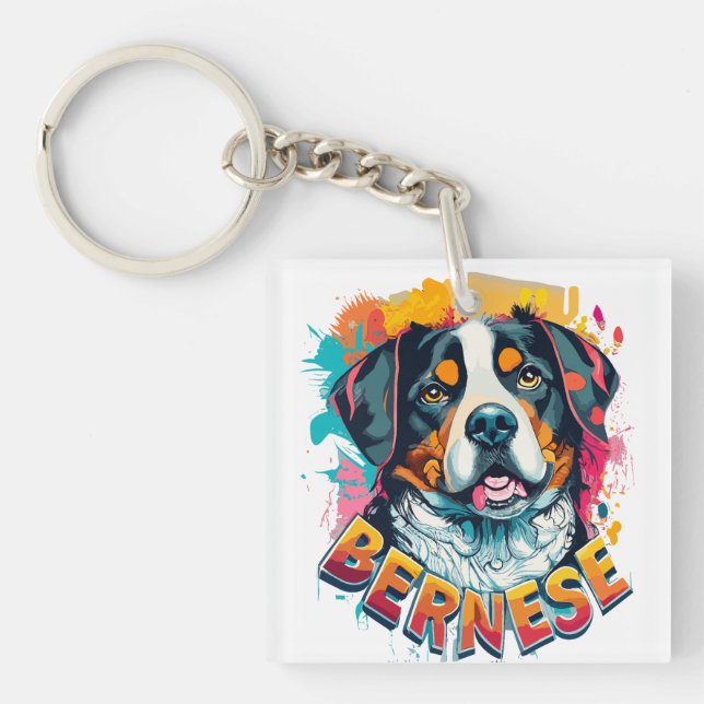 Bernese Mountain Dog Head Vibrant Colour Splash Key Ring (Front)