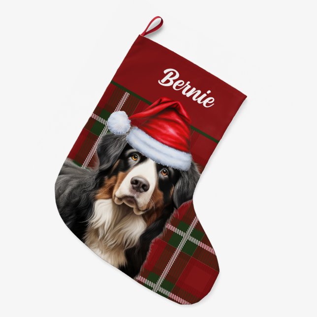 Bernese Mountain Dog Holiday Plaid with Dog's Name Large Christmas Stocking (Front (Hanging))
