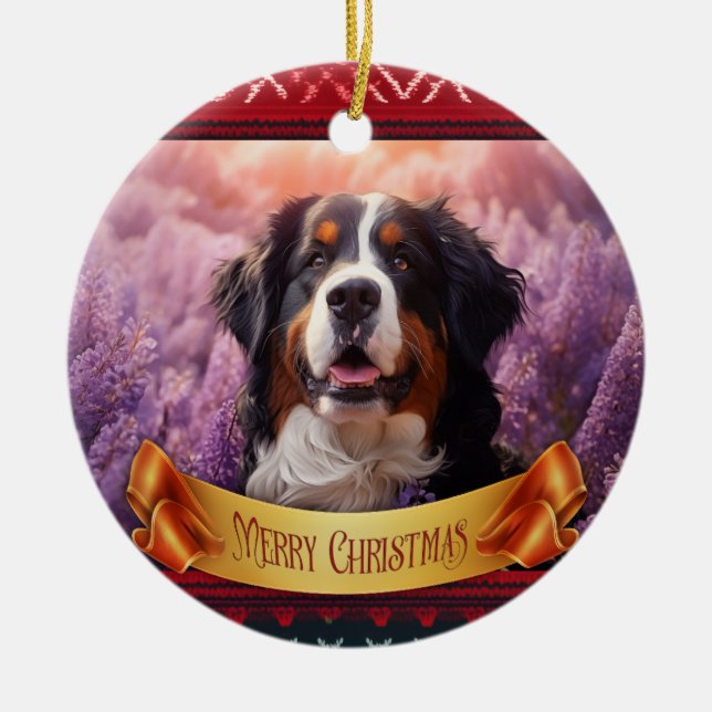 Bernese Mountain Dog in lavenders Ceramic Tree Decoration (Front)