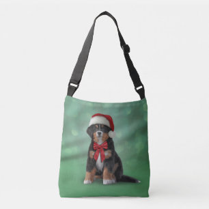 Bernese Mountain Dog in red hat of Santa Crossbody Bag