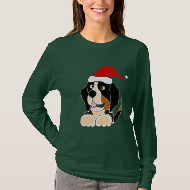Bernese Mountain Dog in Santa Hat Christmas Art T-Shirt (Front)