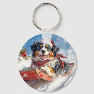 Bernese Mountain Dog in Sledge Christmas Key Ring