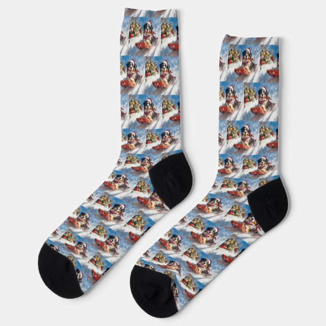 Bernese Mountain Dog in Sledge Christmas Socks (Left)