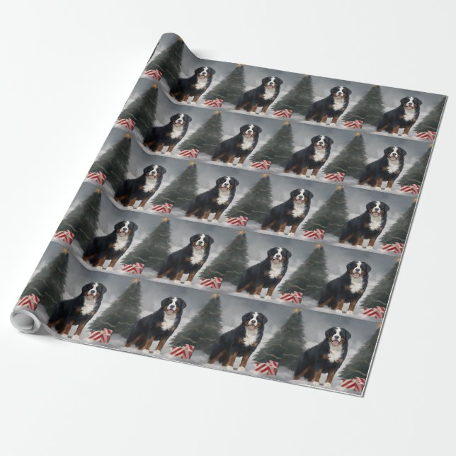 Bernese Mountain Dog in Snow Christmas  Wrapping Paper (Unrolled)