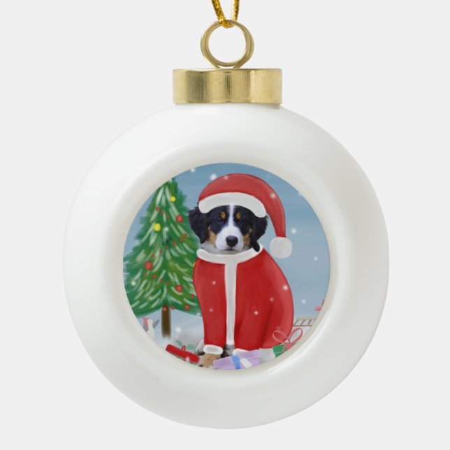 Bernese Mountain Dog in Snow with Christmas Gifts  Ceramic Ball Christmas Ornament (Front)