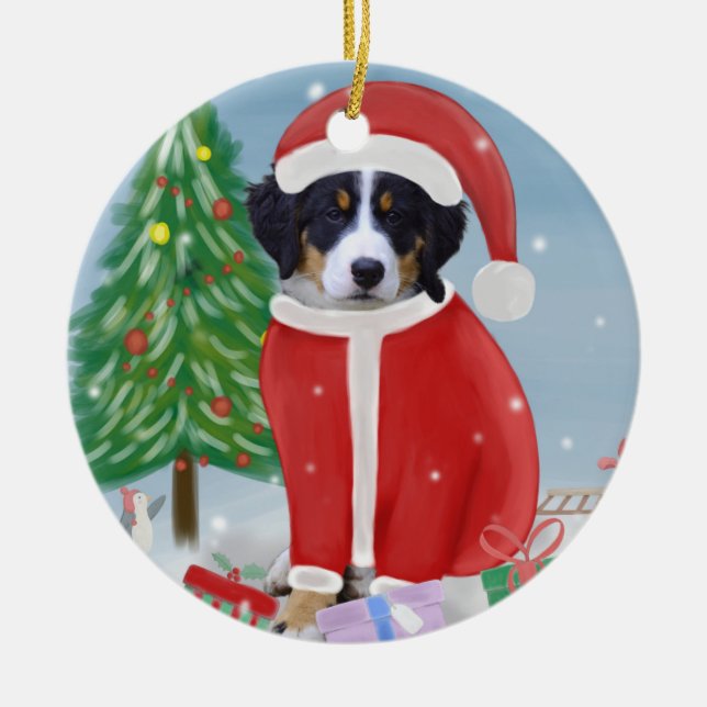 Bernese Mountain Dog in Snow with Christmas Gifts  Ceramic Tree Decoration (Front)