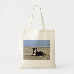 bernese-mountain-dog-layin on beach.png tote bag