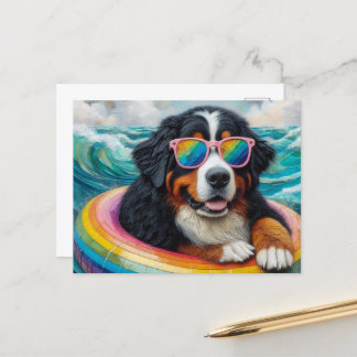 Bernese Mountain Dog on a Rainbow Colour Float Postcard