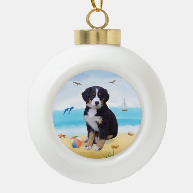 Bernese Mountain Dog on Beach  Ceramic Ball Christmas Ornament (Front)