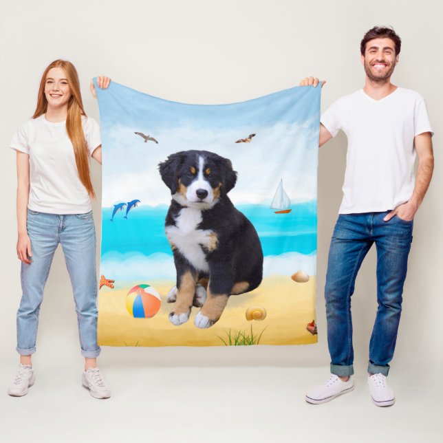 Bernese Mountain Dog on Beach  Fleece Blanket (In Situ)