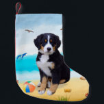 Bernese Mountain Dog on Beach Small Christmas Stocking<br><div class="desc">Bernese Mountain dog sitting on beach is a perfect gift idea for someone who love this dog breed.</div>