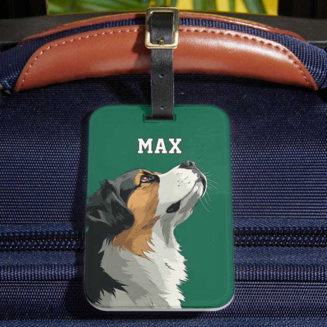 Bernese Mountain Dog on Green Background Luggage Tag (Front Insitu 2)