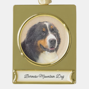 Bernese Mountain Dog Painting - Original Dog Art Gold Plated Banner Ornament