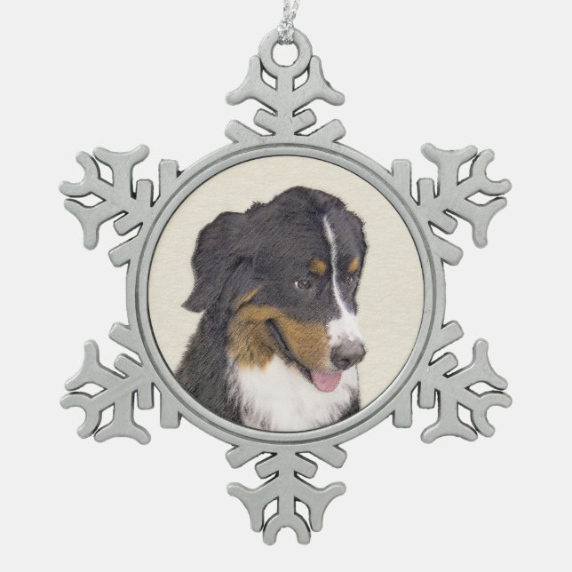 Bernese Mountain Dog Painting - Original Dog Art Snowflake Pewter Christmas Ornament (Front)