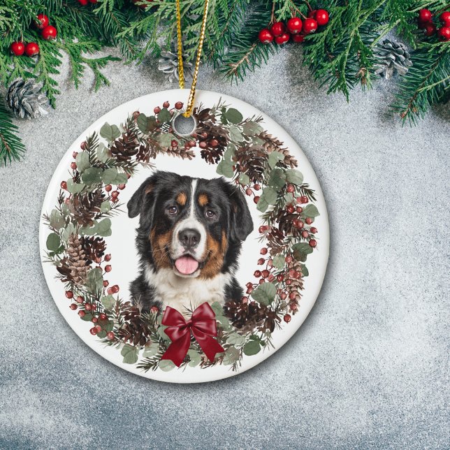 Bernese Mountain Dog Pinecone Wreath Personalised Ceramic Tree Decoration (Creator Uploaded)