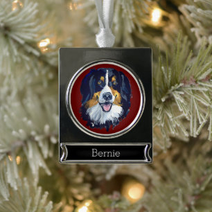 Bernese Mountain Dog Portrait Personalised Silver Plated Banner Ornament