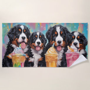 Bernese Mountain Dog Puppies drinking milkshakes Beach Towel