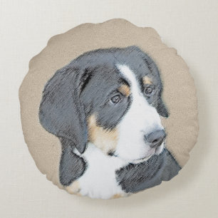 Bernese Mountain Dog Puppy Painting - Original Art Round Cushion