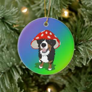 Bernese Mountain Dog Red Mushroom Cap Ceramic Tree Decoration