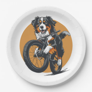 Bernese Mountain Dog Riding A Mountain Bike Paper Plate