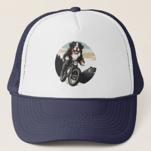 Bernese Mountain Dog Riding A Mountain Bike Trucker Hat