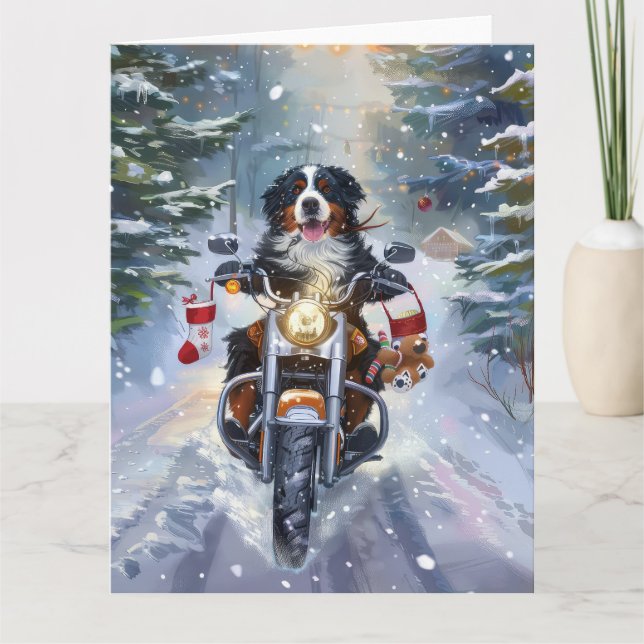 Bernese Mountain Dog Riding Motorcycle Christmas Card (Front)