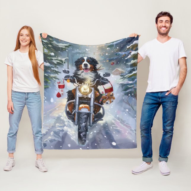 Bernese Mountain Dog Riding Motorcycle Christmas Fleece Blanket (In Situ)