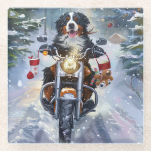Bernese Mountain Dog Riding Motorcycle Christmas Glass Coaster