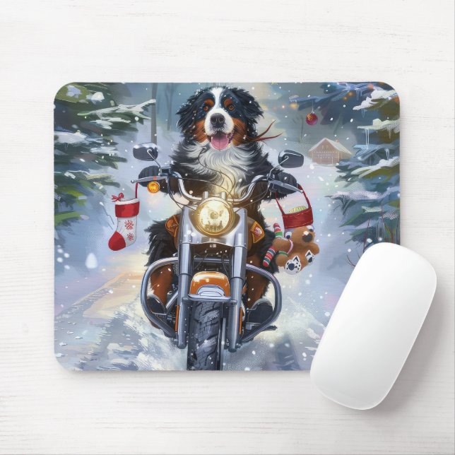 Bernese Mountain Dog Riding Motorcycle Christmas Mouse Pad (With Mouse)