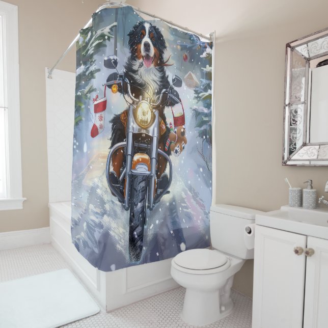 Bernese Mountain Dog Riding Motorcycle Christmas Shower Curtain (In Situ)
