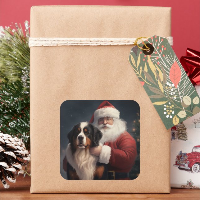 Bernese Mountain Dog Santa Claus Festive Christmas Square Sticker (Holiday)