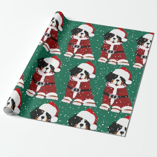 Bernese Mountain Dog Santa Paws Wrapping Paper (Unrolled)