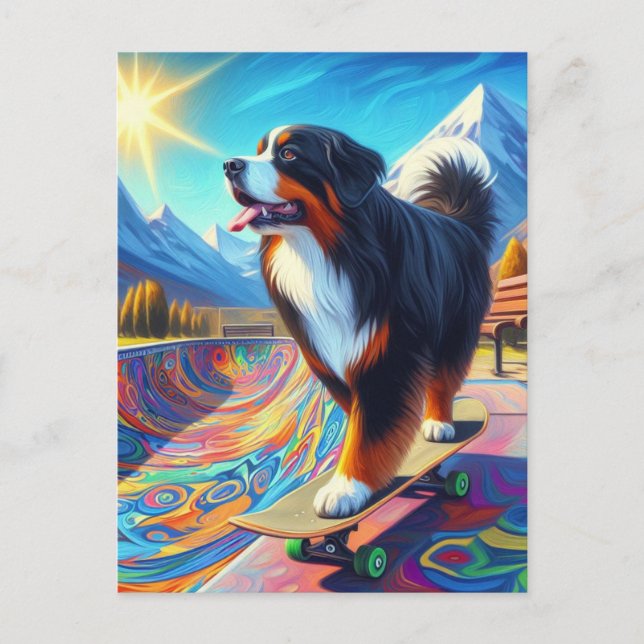 Bernese Mountain Dog Skateboarding Postcard (Front)