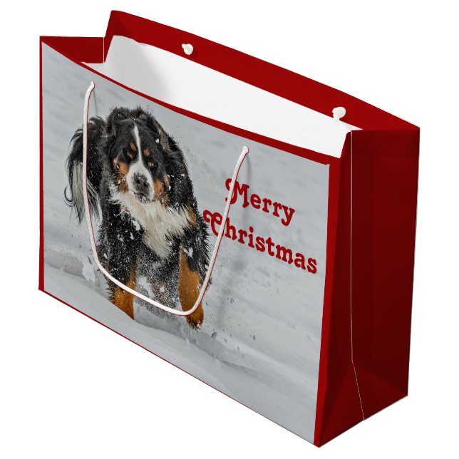 Bernese Mountain Dog Snow Photo Christmas Large Gift Bag (Front Angled)