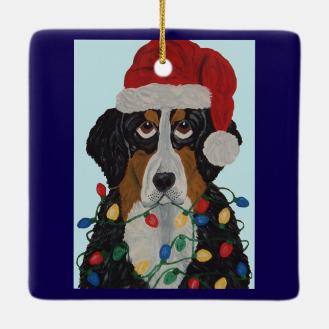  Bernese Mountain Dog Tangled In Christmas Lights  Ceramic Ornament (Back)