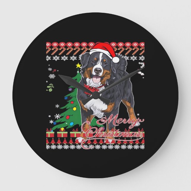 Bernese Mountain Dog Ugly Christmas Sweater Shirt  Large Clock (Front)