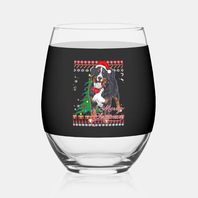 Bernese Mountain Dog Ugly Christmas Sweater Shirt  Stemless Wine Glass (Front)