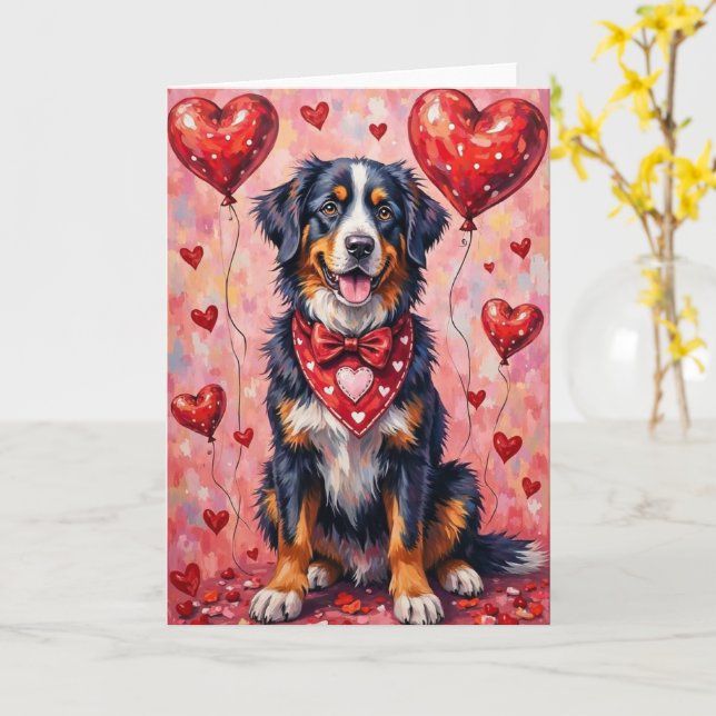 Bernese Mountain Dog Valentine’s Day with Hearts Card (Yellow Flower)