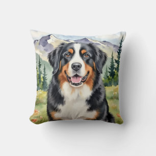 Bernese Mountain Dog Watercolor Alpine Art Cushion